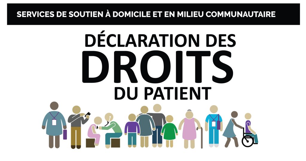 Une illustration d'un group de personnes avec le titre : Services de soutien à domicile et en milieu communautaire Déclaration des droits du patient